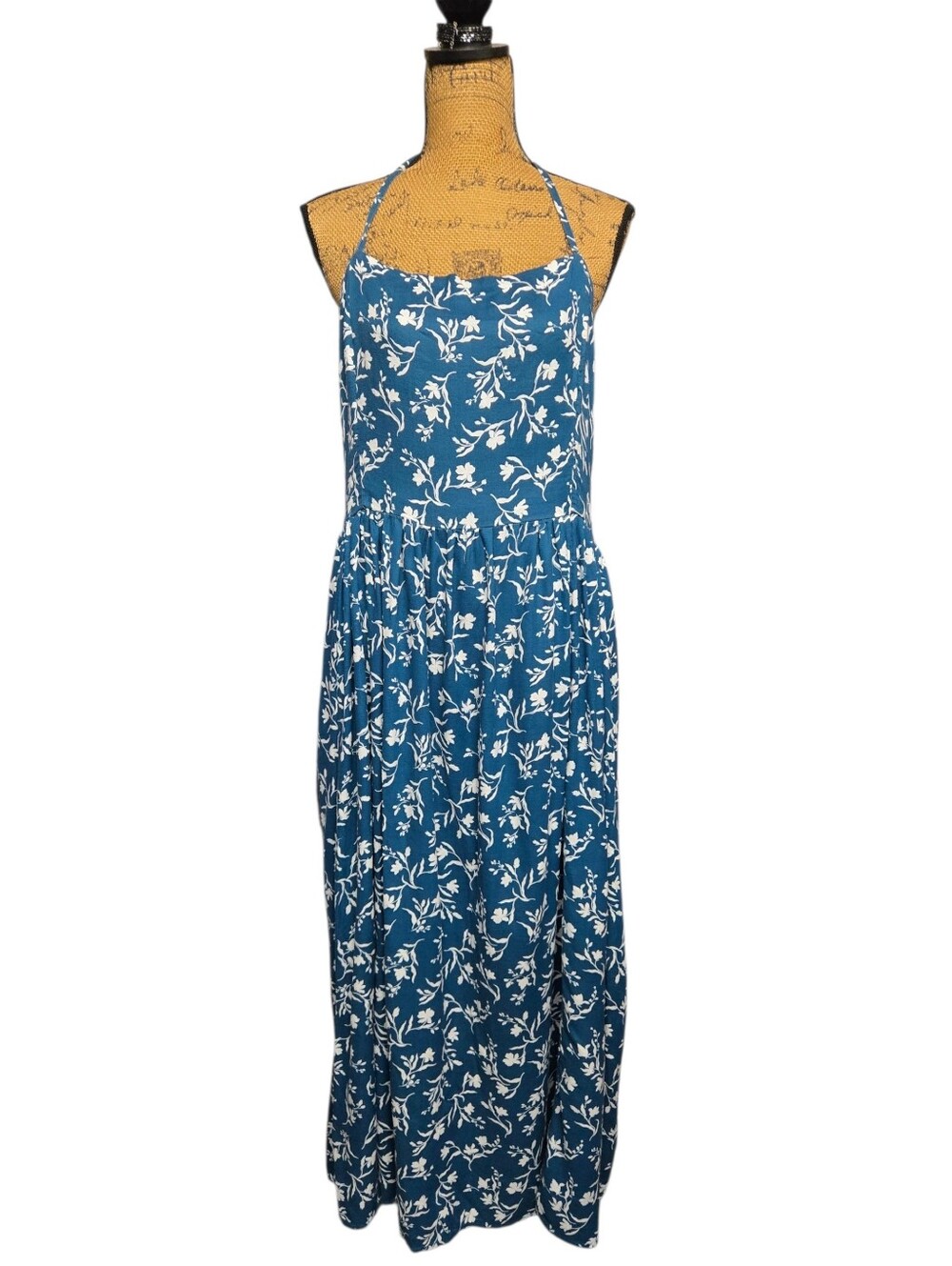 Dip Floral Print Square Neck Backless Maxi Dress Viscose Sz XLarge Teal White